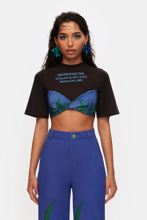 FFF Kadın Yosun Büstiyer Tee Baskılı Büstiyer Crop T-shirt